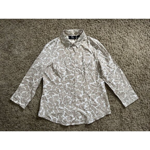 Women 100% Silk Button Shirt Tunic Animal Print Office Casual Quiet Lux LARGE - Picture 1 of 8
